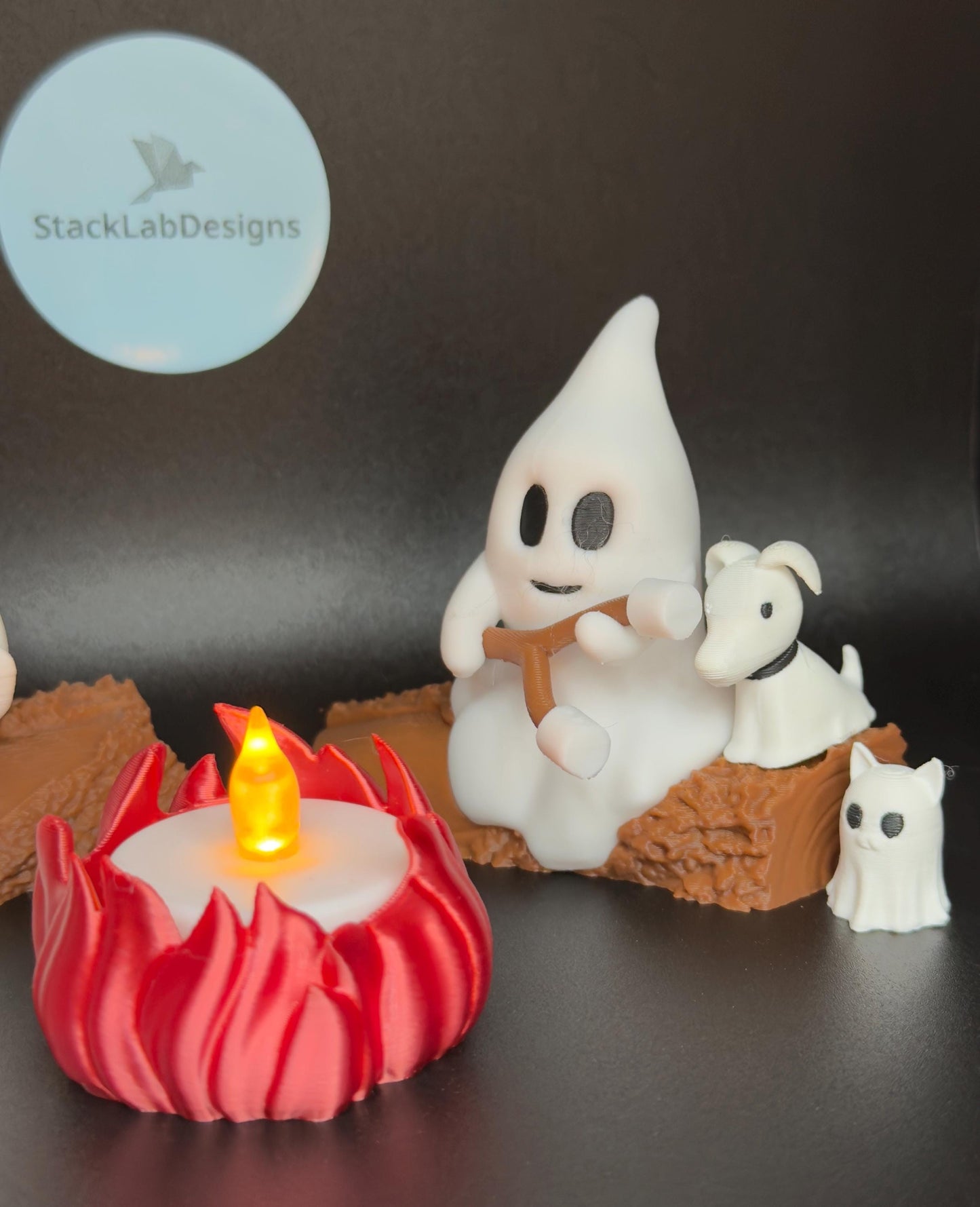 Campfire Ghost Figurine Set with Pets | Cute Unique Halloween Decor or Gift | Comes with Tealight!