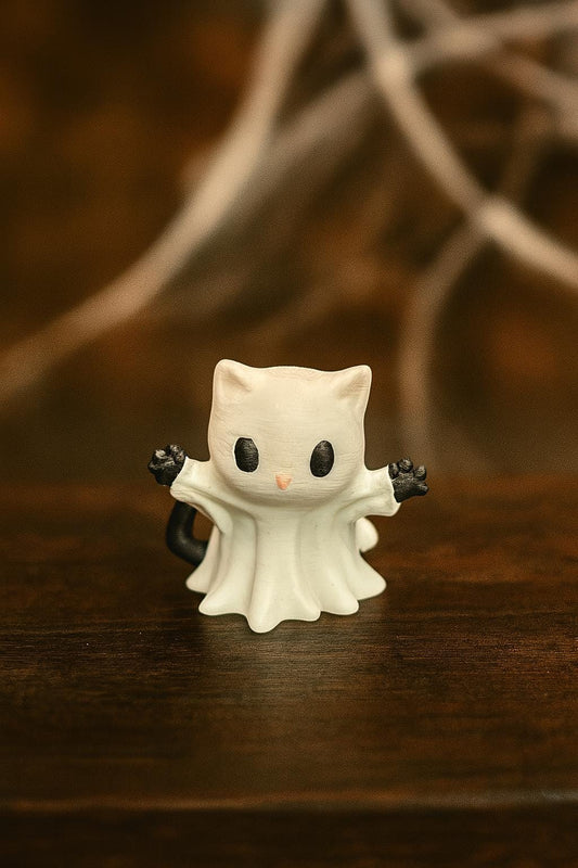 Ghost Cat Figurine Set | 3D Printed Halloween Decor with Fire Pit