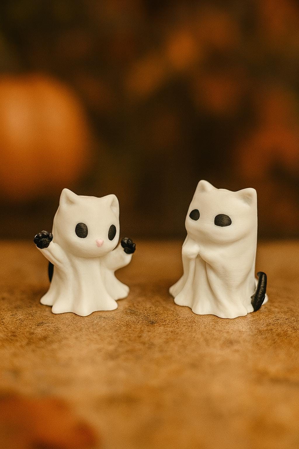 Ghost Cat Figurine Set | 3D Printed Halloween Decor with Fire Pit