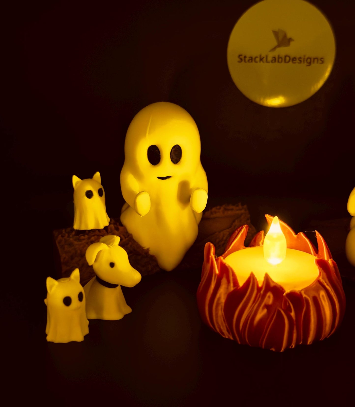 Campfire Ghost Figurine Set with Pets | Cute Unique Halloween Decor or Gift | Comes with Tealight!
