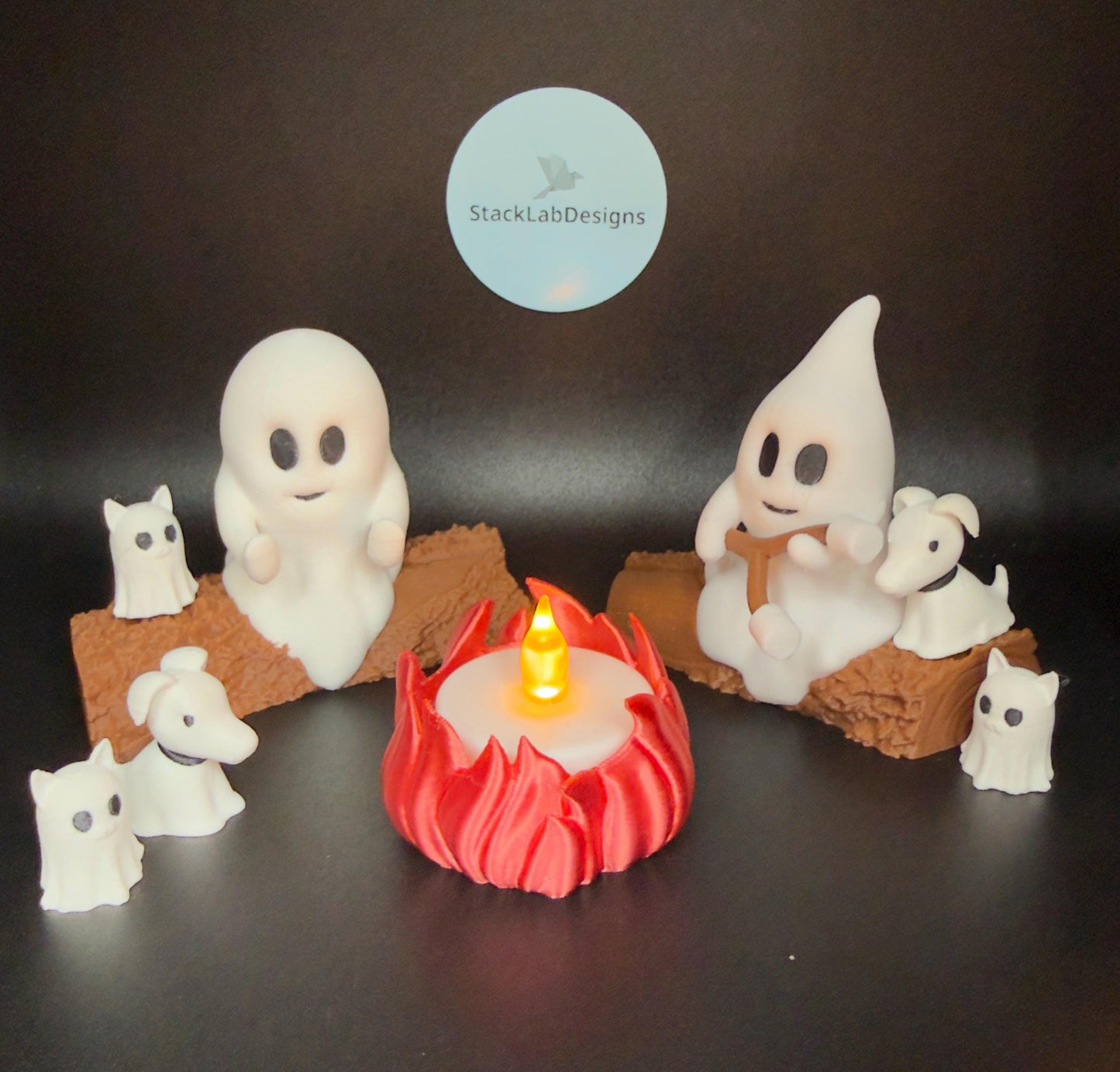 Campfire Ghost Figurine Set with Pets | Cute Unique Halloween Decor or Gift | Comes with Tealight!
