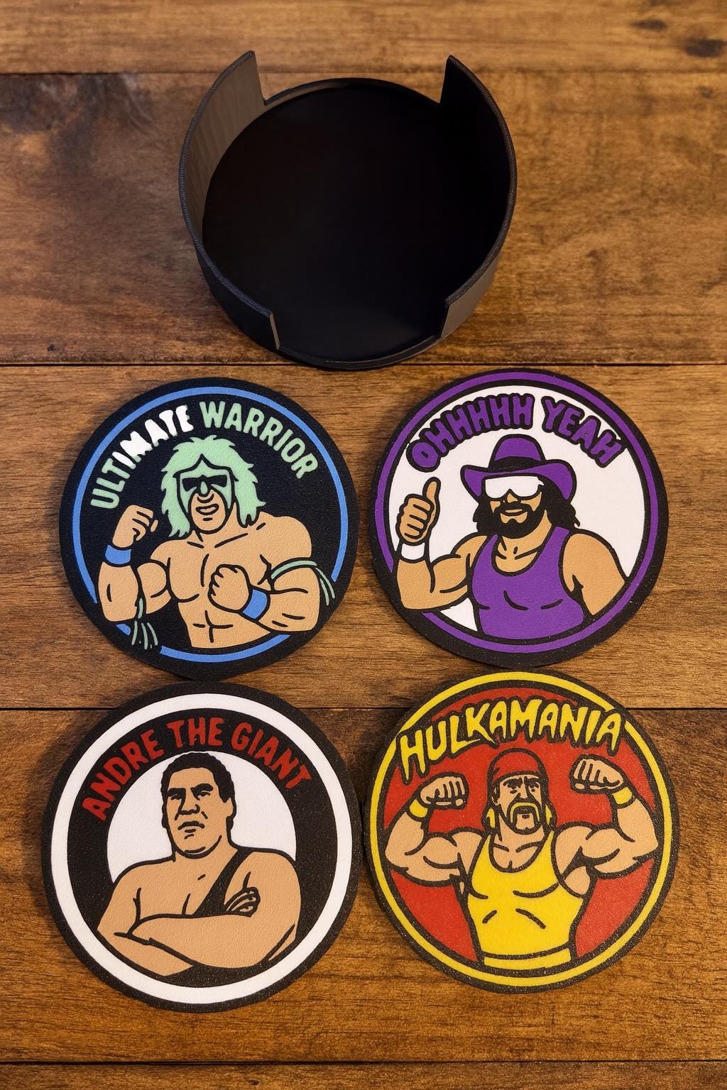 WWF Wrestler Coasters Set | Retro Wrestling Legends Drink Coasters | Hulk Hogan, Macho Man, Ultimate Warrior, Andre the Giant | 80s 90s Fan