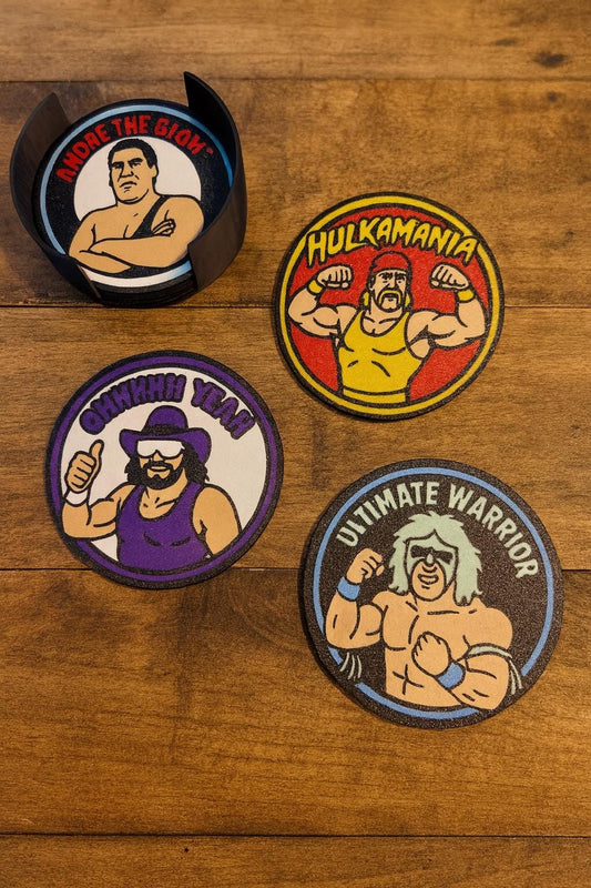 WWF Wrestler Coasters Set | Retro Wrestling Legends Drink Coasters | Hulk Hogan, Macho Man, Ultimate Warrior, Andre the Giant | 80s 90s Fan