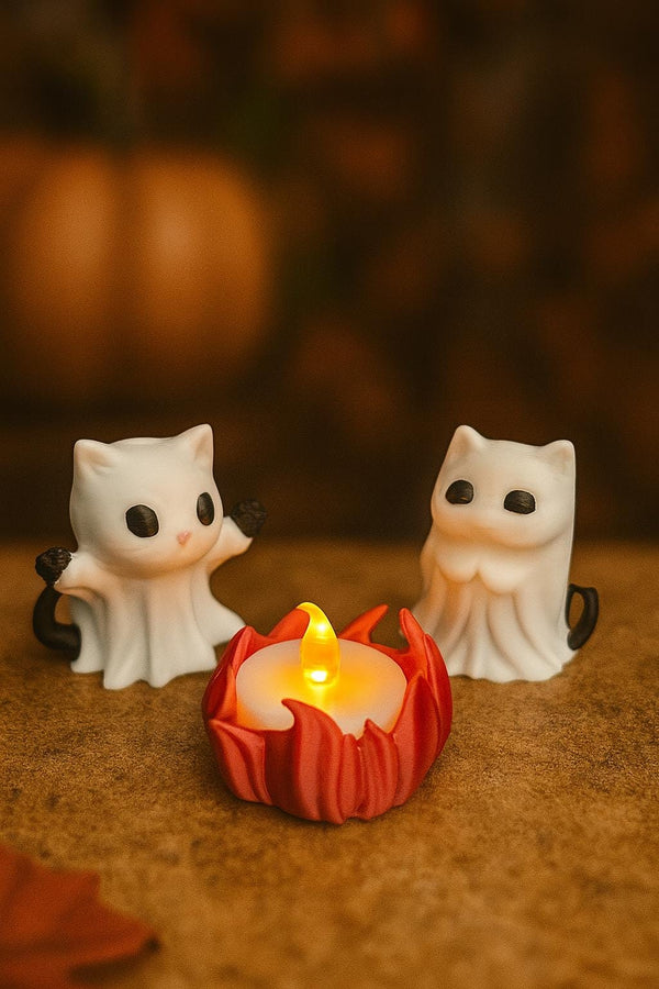 Ghost Cat Figurine Set | 3D Printed Halloween Decor with Fire Pit