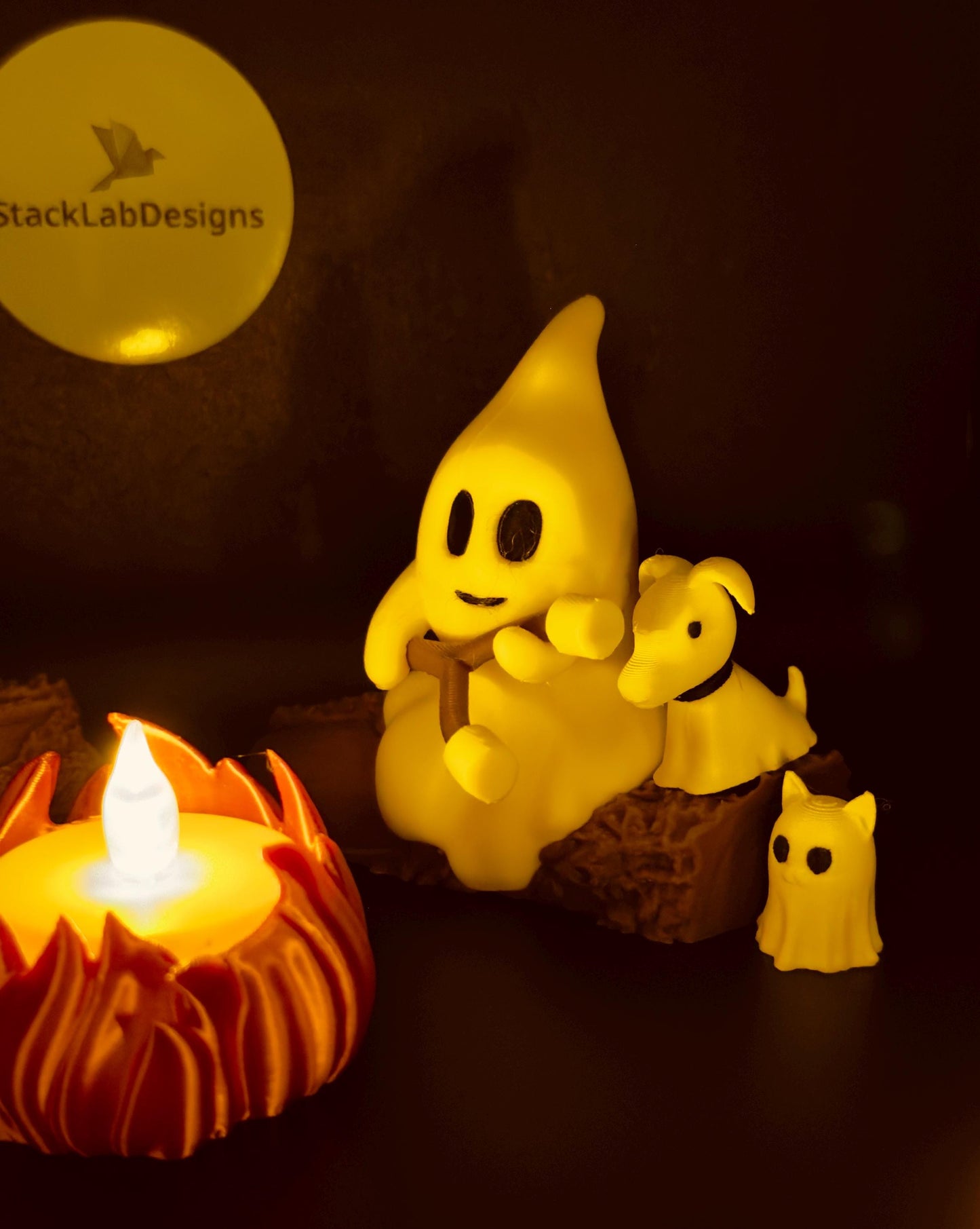 Campfire Ghost Figurine Set with Pets | Cute Unique Halloween Decor or Gift | Comes with Tealight!