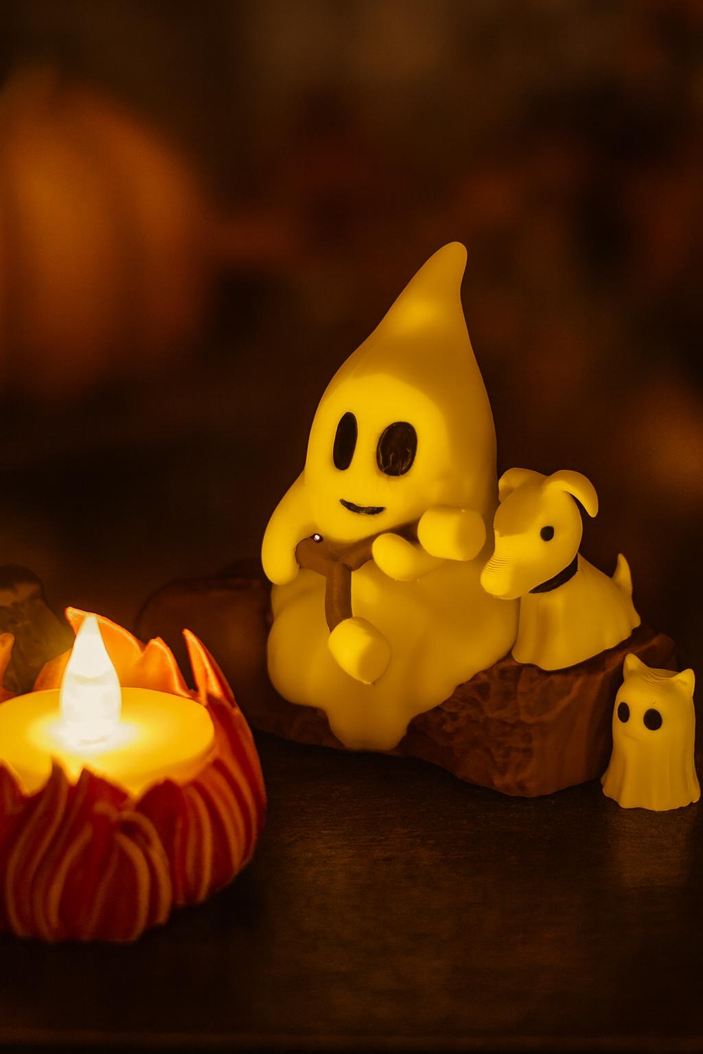 Campfire Ghost Figurine Set with Pets | Cute Unique Halloween Decor or Gift | Comes with Tealight!