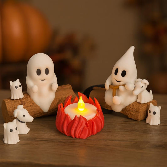 Campfire Ghost Figurine Set with Pets | Cute Unique Halloween Decor or Gift | Comes with Tealight!