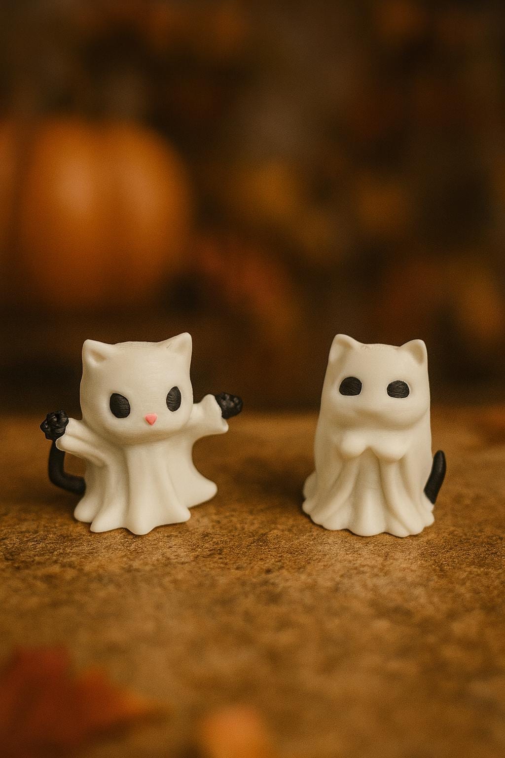 Ghost Cat Figurine Set | 3D Printed Halloween Decor with Fire Pit