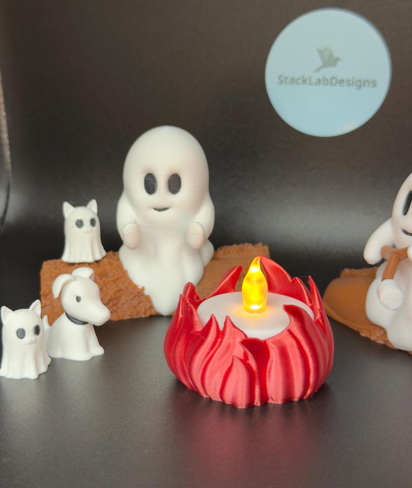 Campfire Ghost Figurine Set with Pets | Cute Unique Halloween Decor or Gift | Comes with Tealight!
