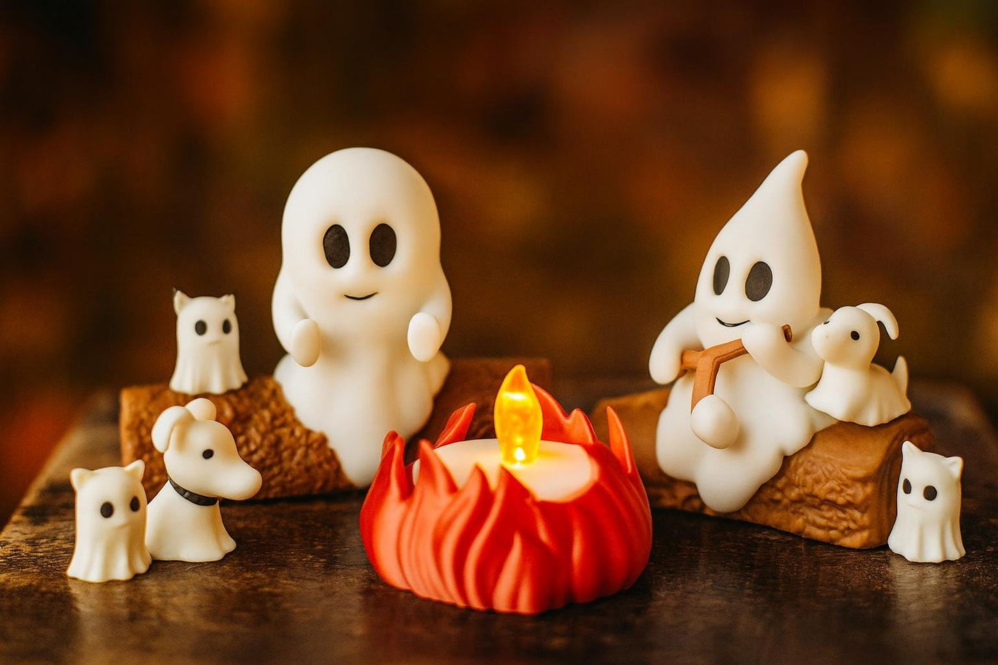 Campfire Ghost Figurine Set with Pets | Cute Unique Halloween Decor or Gift | Comes with Tealight!