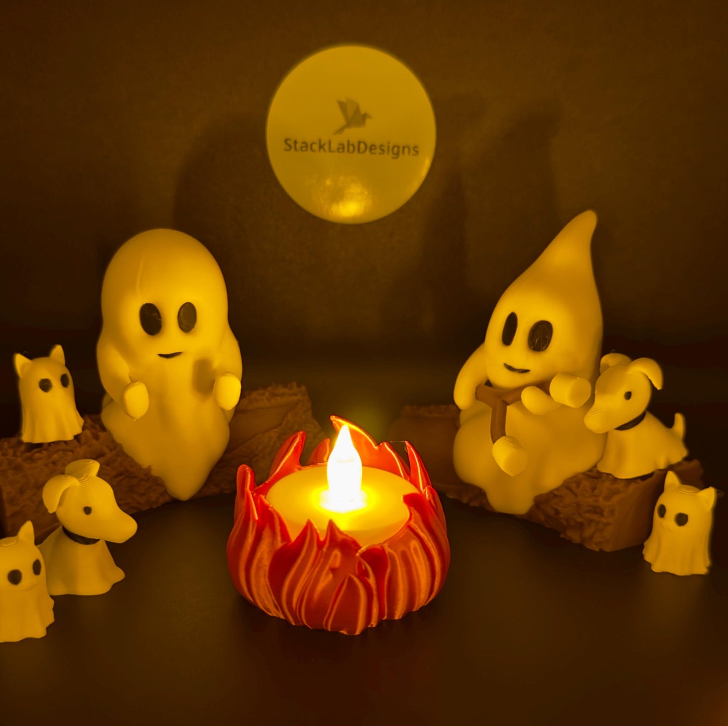 Campfire Ghost Figurine Set with Pets | Cute Unique Halloween Decor or Gift | Comes with Tealight!