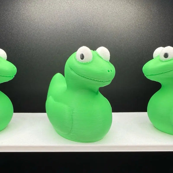 Green lizard meme duck with wide eyes and goofy smile