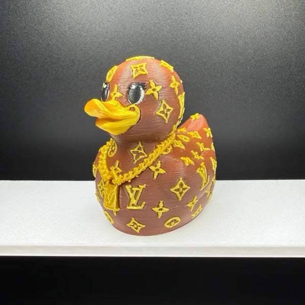 Louis Vuitton-inspired handbag duck with gold monogram pattern